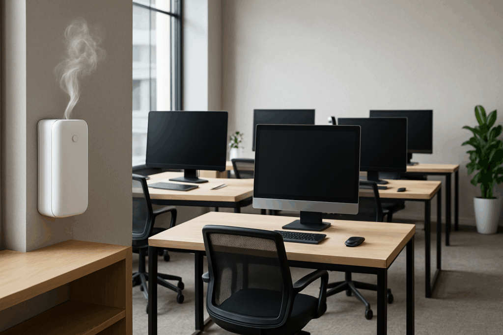Escritório com mesas e computadores e um difusor de aromas pendurado na parede.