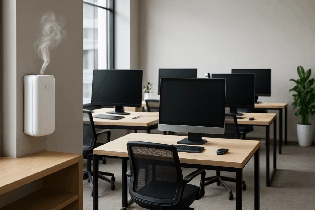 Escritório com mesas e computadores e um difusor de aromas pendurado na parede.
