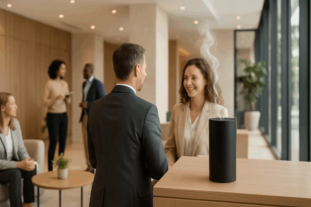 O que é marketing olfativo: Homem e mulher conversando ao lado de um balcão que tem um difusor encima.