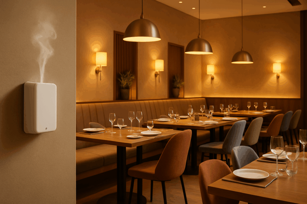 Salão de restaurante com mesas arrumadas e um difusor de aromas grudado em parede.