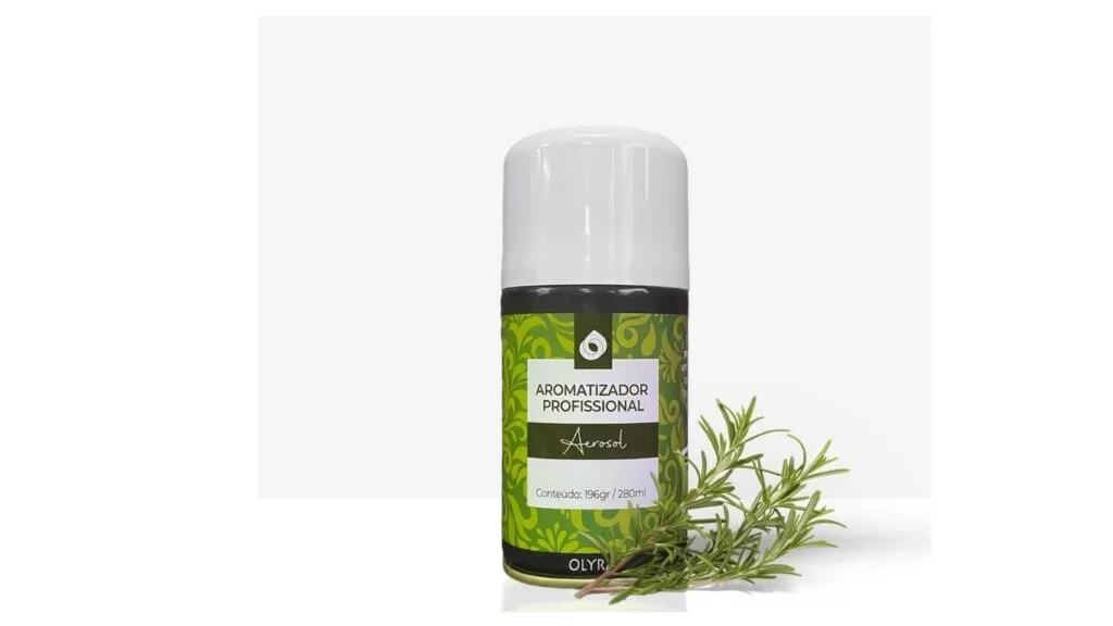 Essência de alecrim: embalagem do spray com um galho de alecrim na frente.