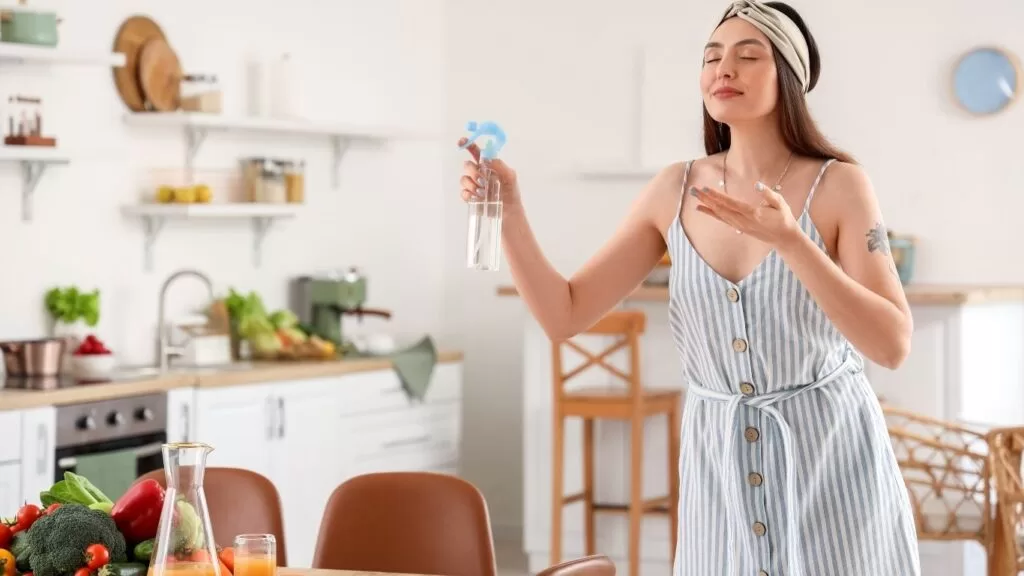 mulher espirrando aroma em casa