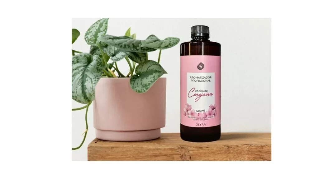 Vidro de essência ao lado de jarro de planta