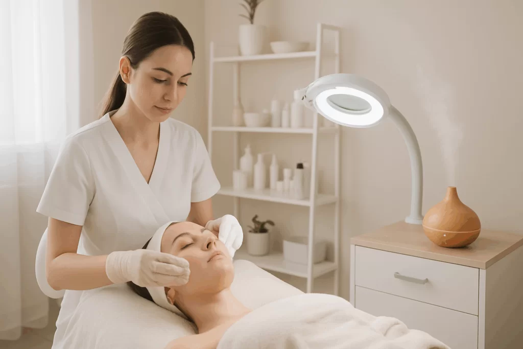 Aromas para clínica de estética: profissional fazendo limpeza em rosto de cliente