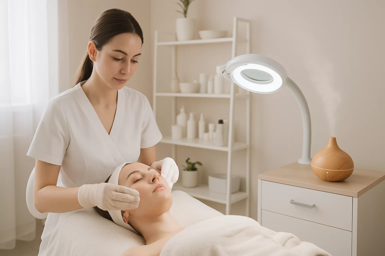 Aromas para clínica de estética: profissional fazendo limpeza em rosto de cliente