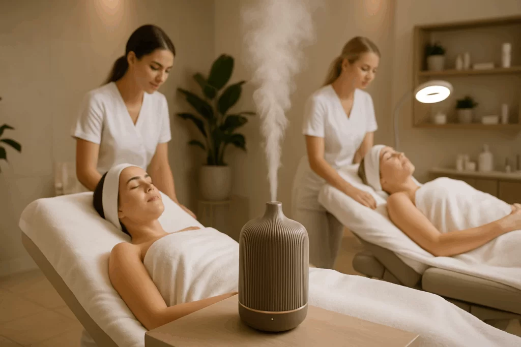Aromas para clínica de estética: duas clientes deitadas recebendo atendimento de duas profissionais com um difusor na frente exalando aroma na sala.