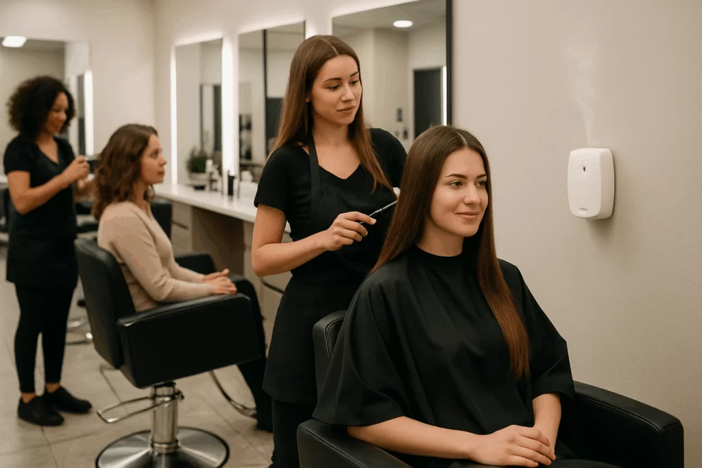 Aromas para salão de beleza: cabelereiras atendendo clientes em ambiente aromatizado por um difusor de aroma elétrico de parede.