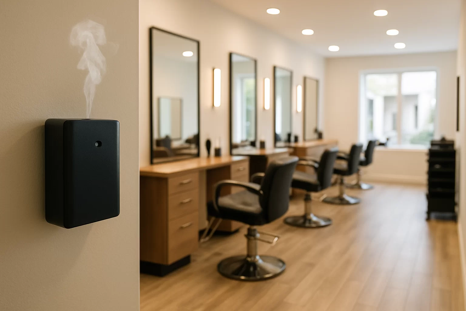 Aromas para salão de beleza: salão de beleza arrumado mas vazio com aromatizador elétrico de parede.