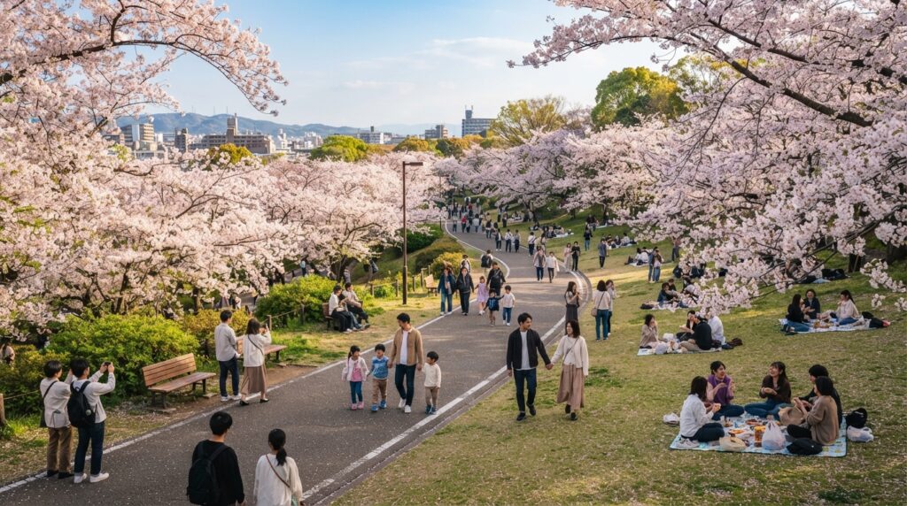 Pessoas em parque admirando as cerejeiras floridas