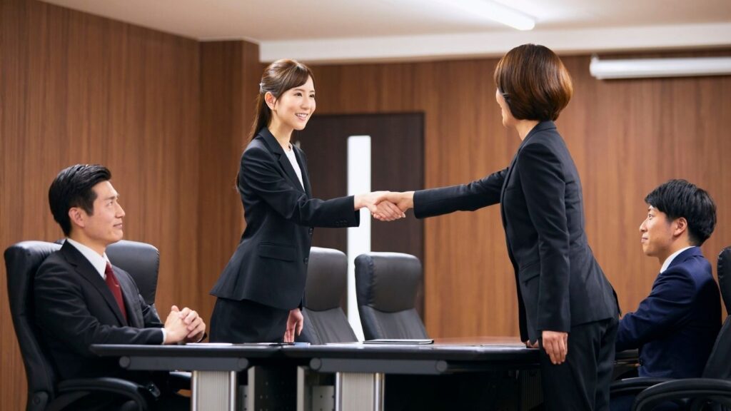 Pessoas em sala de reunião e duas mulheres se cumprimentando com aperto de mãos. 