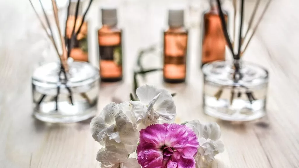 Fragrâncias sazonais: flores de cores diferentes com aromatizador de varetas atras e vidros de essências.