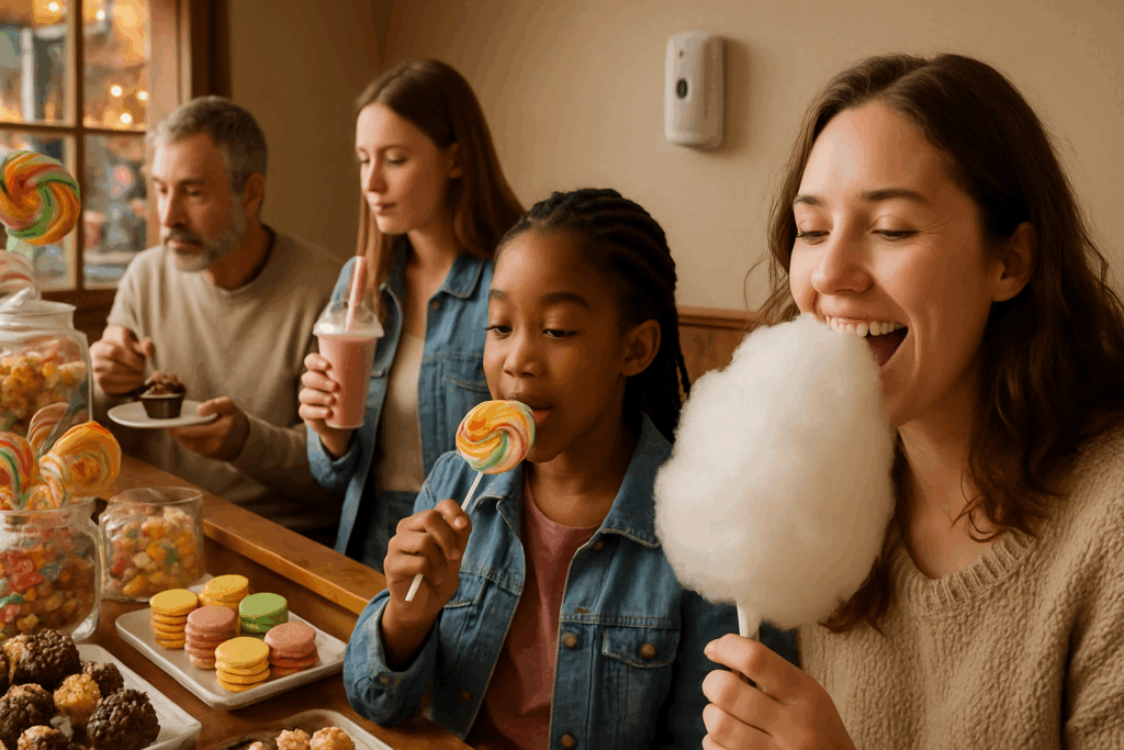 Como aromatizar confeitaria: pessoas em confeitaria comendo doces.