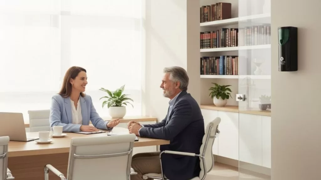 Aromas para escritório de advocacia: advogada atendendo cliente em sala com aromatizador.
