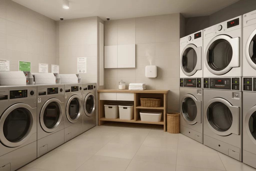 Cheiro de lavanderia: uma lavanderia com várias maquinas aromatizada
