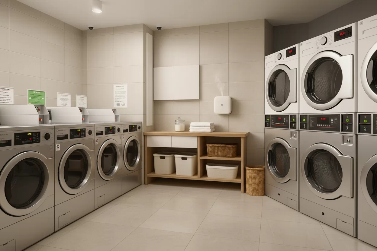 Cheiro de lavanderia: uma lavanderia com várias maquinas aromatizada