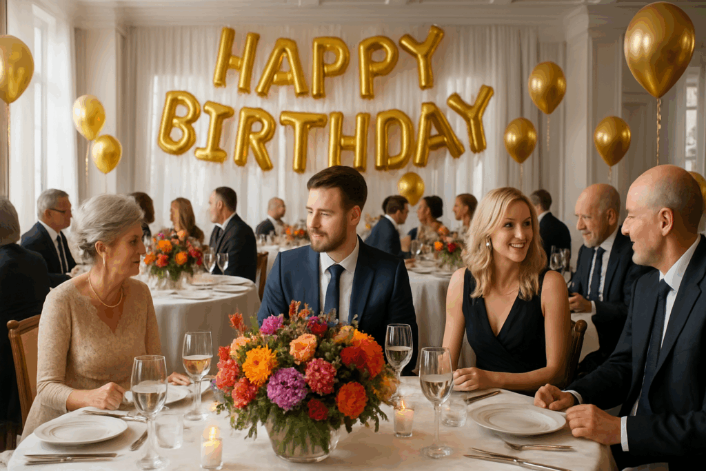 Festa de aniversário com arranjo de flores naturais variadas em mesas de convidados