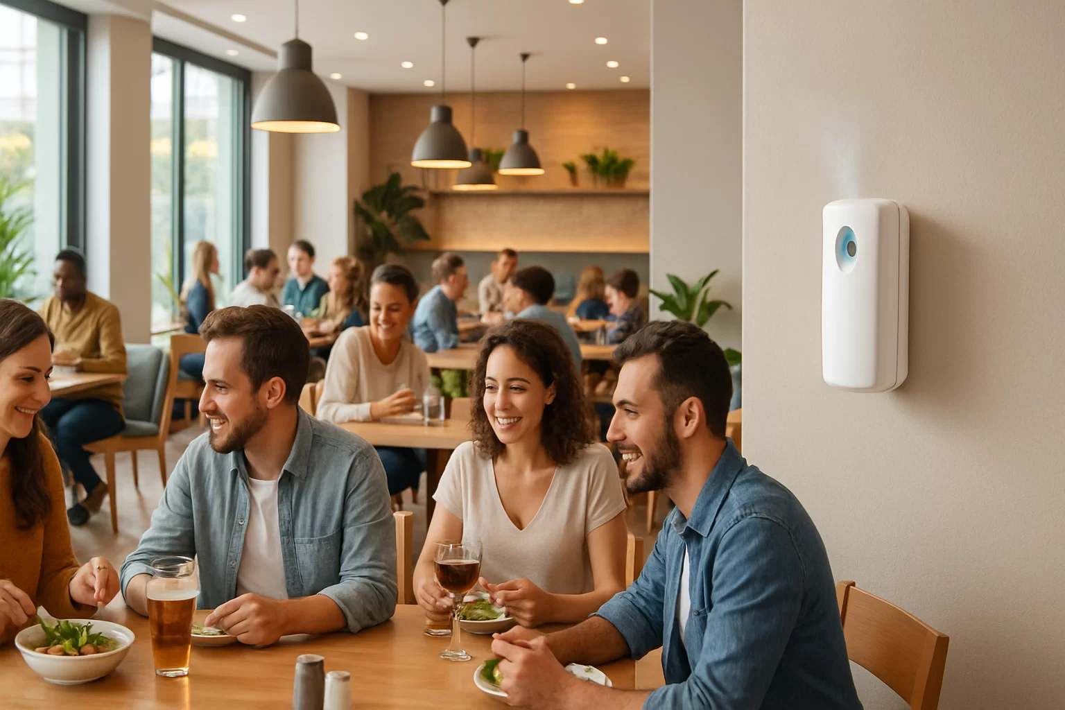 Aromas para restaurante: clientes em restaurante e um aromatizador na parede.