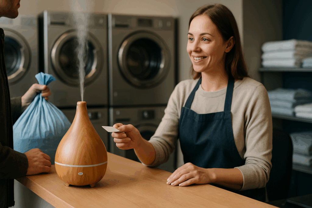 Cheiro de lavanderia: atendente de lavanderia atendo a cliente.