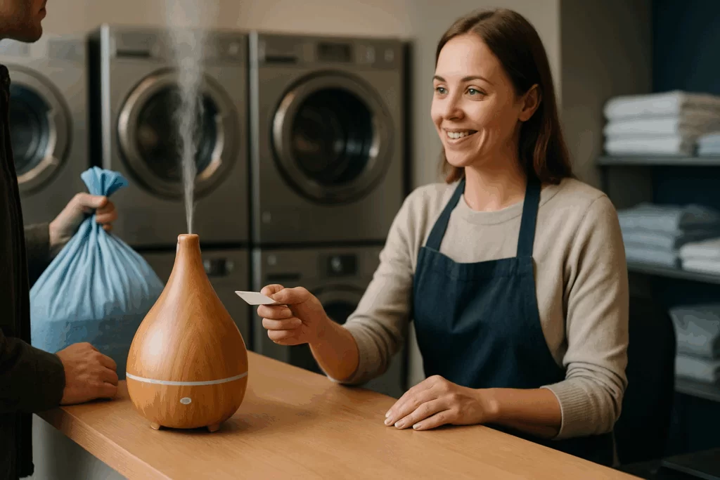 Cheiro de lavanderia: atendente de lavanderia atendo a cliente.