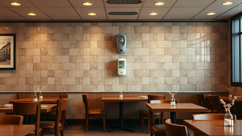 Aromas para restaurantes: salão de restaurante sem clientes e na parede um aromatizador 