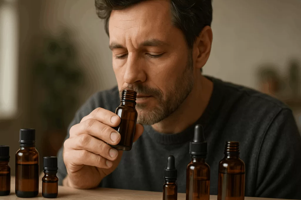 Homem sentindo cheiro de óleos essenciais.