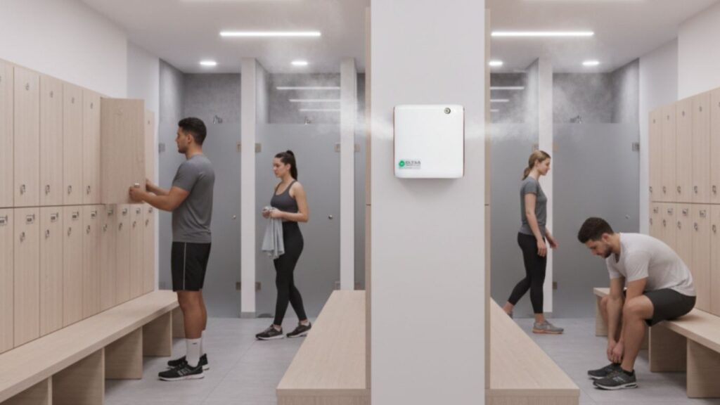 Aromas para academias: pessoas em vestiário aromatizado.