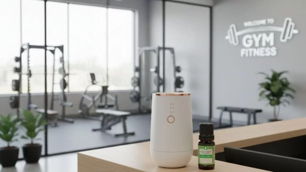 Aromas para academias: difusor com vidro de essência da olyra encima de balcão e ao fundo aparelhos de academia.