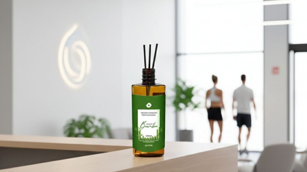 Difusor de vareta em balcão de recepção.