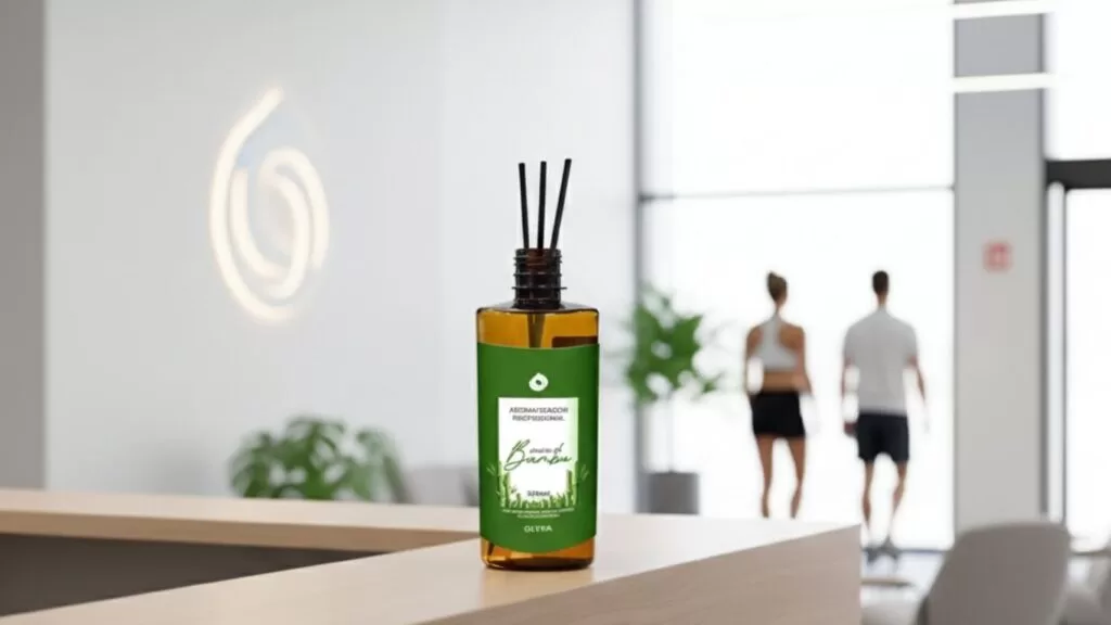 Difusor de vareta em balcão de recepção.