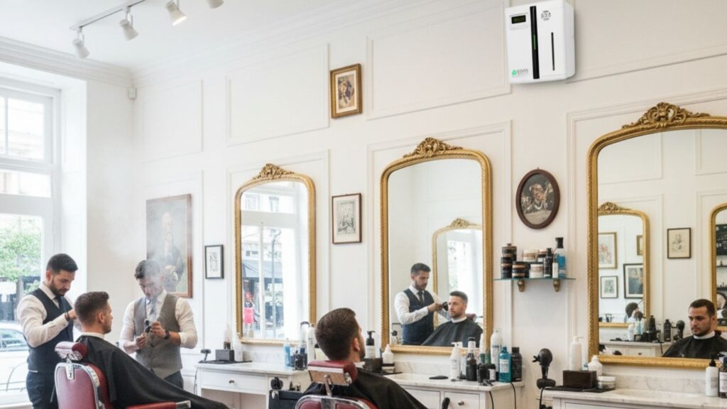 Aromas para barbearia: clientes sendo atendidos em barbearia e difusor pendurado na parede a cima.