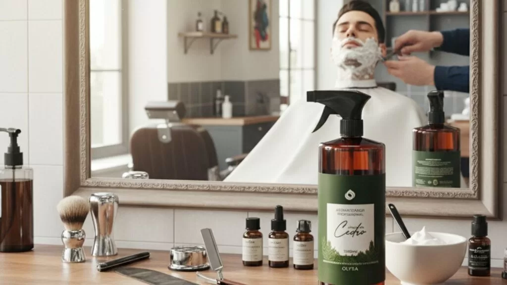 Aromas para barbearia: home spray em bancada de barbeiro.