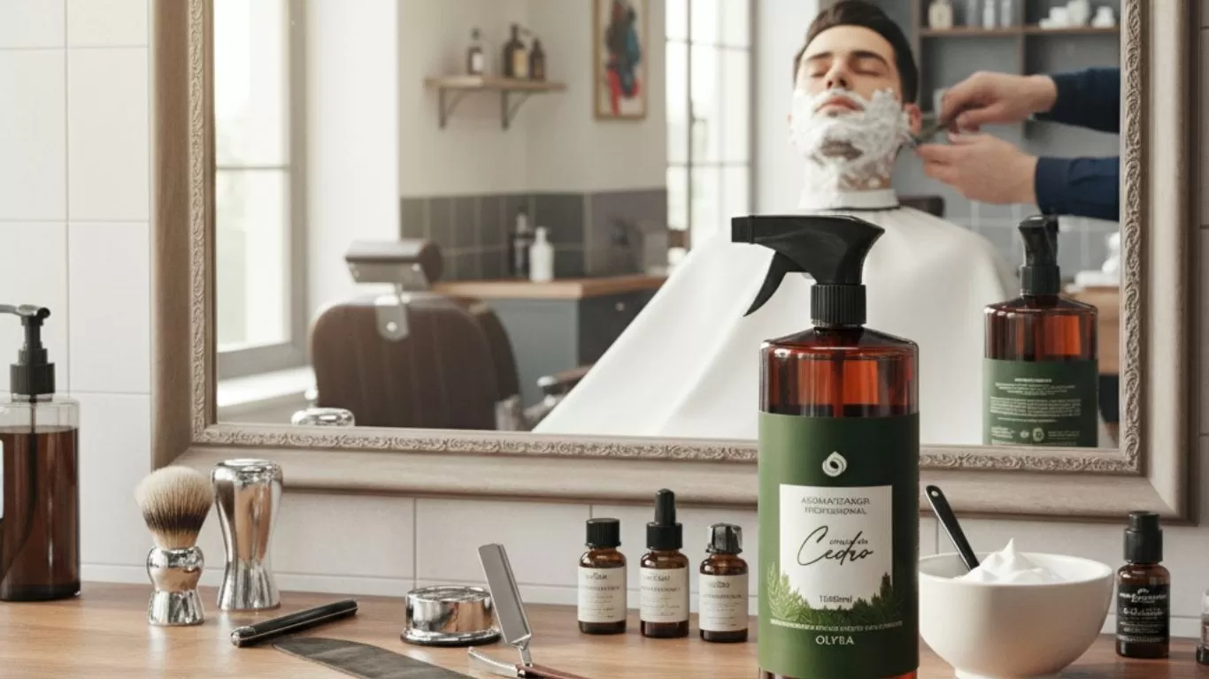 Aromas para barbearia: home spray em bancada de barbeiro.