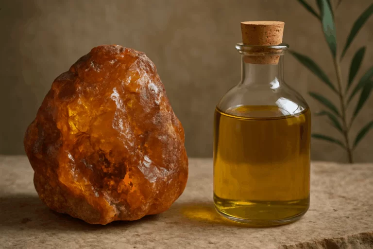 Cheiro de âmbar: âmbar em seu estado natural e ao lado um frasco com essência.