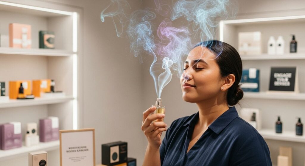 experiencias sensoriais: mulher cheirando aromatizador 