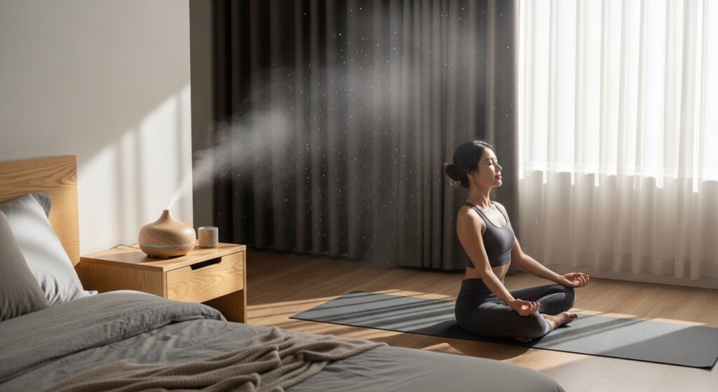 mulher meditando em um ambiente silencioso e com aromatização
