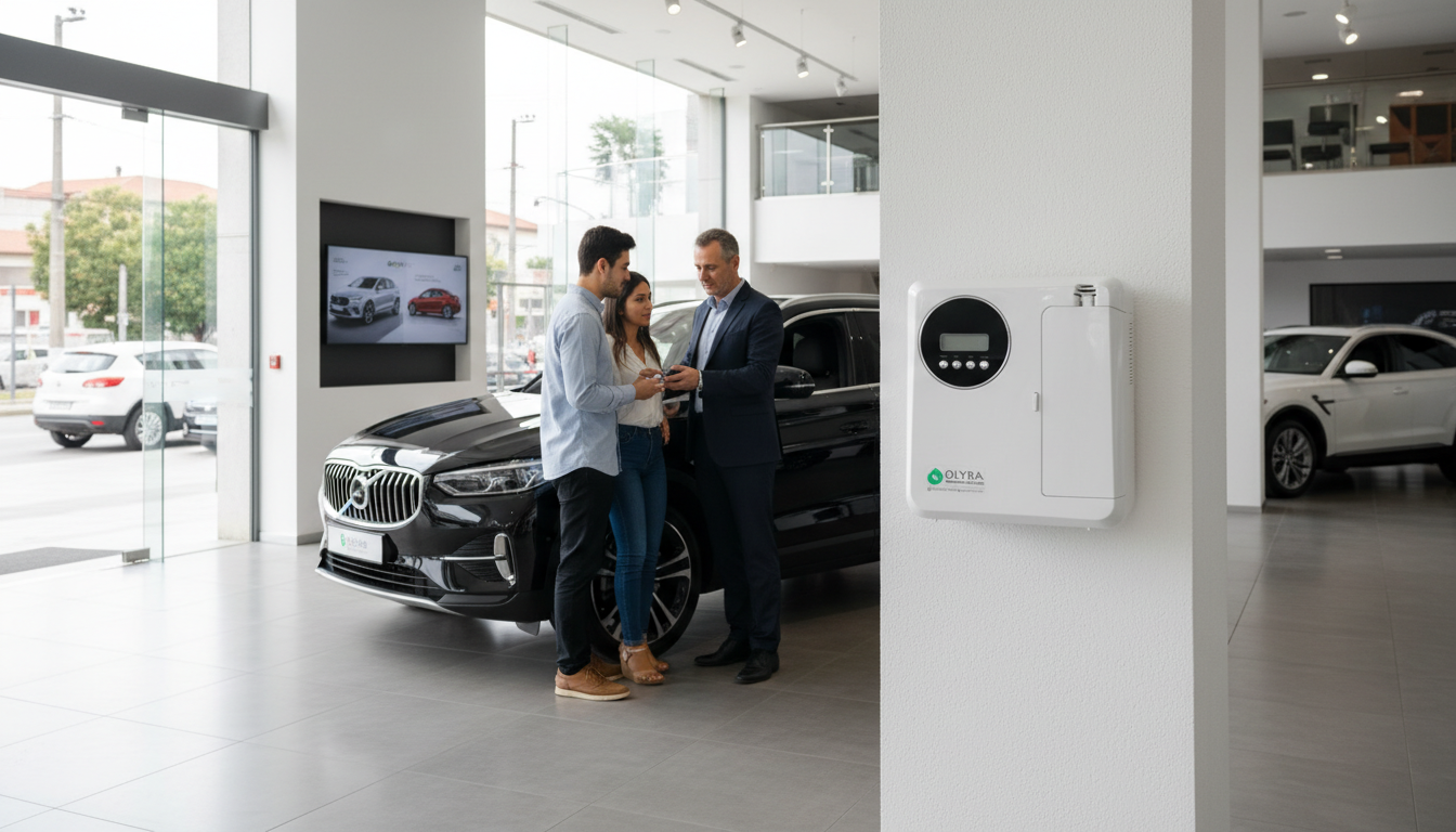 casal com vendedor em loja de carros aromatizada