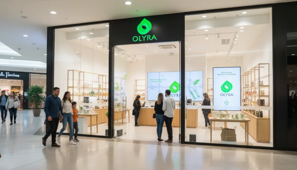 Benefícios da aromatização de ambientes comerciais: fachada de loja com logo da Olyra falando de fortalecimento de marca